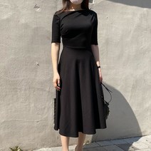 미미 5부 반팔 소매 입술 보트넥 플레어 롱원피스