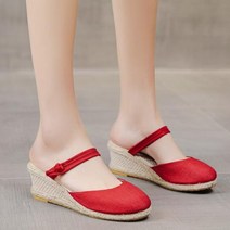 여성 샌들 스트랩 여자 여름 통굽 라운드 웨지 직조 컬러