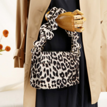 여자 고급스러운 레오파드 주름 손잡이 스퀘어 토드백