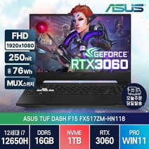 ASUS TUF Dash F15 FX517ZM-HN118 최신 인텔 12세대 i7-12650H RTX3060 고성능 게이밍 윈도우11 노트북, WIN11 Pro, 오프 블랙, 16GB, 1TB, 코어i7, FX517ZE