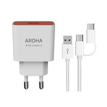 아로하 국산 18W 고속충전기 QC 3..0/갤럭시/아이폰 호환 충전기, 충전기+2in1케이블(5핀+TC)