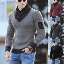 남자머슬핏니트 남성용 니트 넥워머 슬림 긴소매 목도리 카라, 카키색 옷감