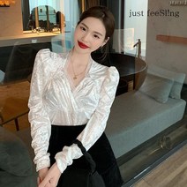 just feel!ng 여성 센스 빈티지 봄 브이넥 화이트 레이스 벨벳 퍼프 소매 셔츠 긴팔 상의