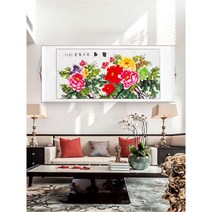 산수화 중국화 서예 거실 장식화 새 매화 모란 현수막, 하늘색 사사건건265x95cm, A