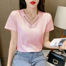 2022 년 새로운 한국 버전의 단색 단색 짧은 소매 V 넥 티셔츠 조커 바닥 셔츠 탑