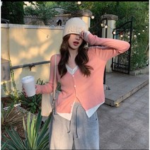 스멜모리 투톤 브이넥 투피스 니트 가디건