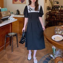 패스타임 여성 프렌치 여신 레이스 배색 볼륨 퍼프 반팔 여름 롱원피스 데이트룩 하객룩