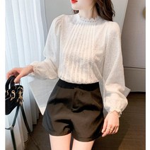 목프릴 드레이프 하이넥 레이스 면접 하객용 화이트 이너 블라우스