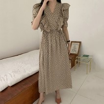 퀸앤조이 브이넥 프릴 폴카 도트 롱원피스