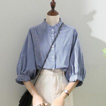 하늘색셔츠 소라색 여성 봄 여름 탑 빈티지 프렌치 우아하고 블라우스 레이스 블루 체크 셔츠