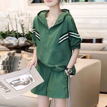 여자 후드 티 반팔 티셔츠 투피스 세트 스포츠 캐주얼 슈트 하이 웨이스트 반바지 봄 여름