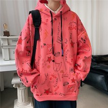 YY 낙서 인쇄 스웨터 남성 Ins 패션 브랜드 봄과 가을 새로운 일본 커플 착용 후드 풀오버 의류