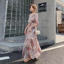 AMlisa 프린팅 롱원피스 트랜드 우아한 슬림핏 여름쉬폰원피스 빅사이즈원피스 여름쉬폰원피스