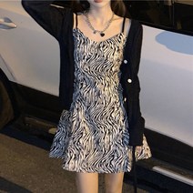 WZC 여름 여성 원피스세트 투피스 긴팔 가디건 지브라 슬림핏 A라인 미니 뷔스티에원피스 빅사이즈