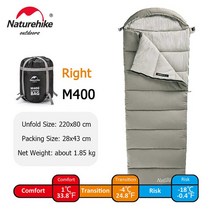 침낭 Naturehike 자연 하이킹 침낭 경량 코튼 침낭 스플라이스 더블 침낭 세척 가능한 후드가있는 캠핑 여, 12 M400-Green-Right