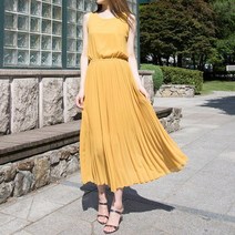 A2517 라운드넥 밴딩플리츠 민소매 롱원피스(5color)