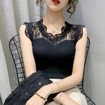 브이넥 레이스 니트 민소매 티셔츠 BX-4001