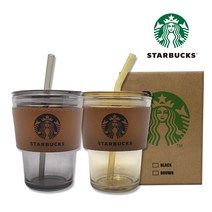 스타벅스 레더 텀블러 내열유리 머그 유리 텀블러 보틀 가죽텀블러 유리 스트로우 선물용 스벅 머그컵, 브라운