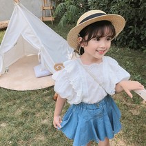 뽀뽀뽀 아동복 유아 여아 레이스퍼프 블라우스+청치마 투피스 키즈 아동 어린이 여름 나들이 옷