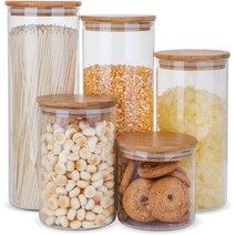 Glass Food Storage Containers Set Airtight Food Jars with Bamboo Wooden Lids - Set of 5 Kitchen Cani, 1