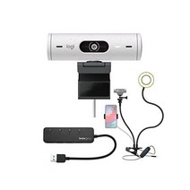 로지텍 Brio 500 웹캠 번들 셀카 링 라이트 스탠드 웹캠/카메라 마운트 및 4포트 3.0 USB 허브(오프 화이트), 하얀색