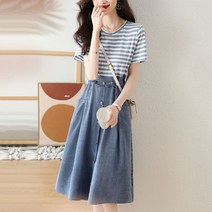 엔티랄라 원피스 페이크 레이어드 반팔 데님 스커트 스타일리시한 어려 보여요. 면 소재의 야위어 보이다 헐렁한 양질의 재료 미디엄 롱 여치마 편안한 한가하다