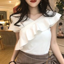 LAP 티셔츠 오프숄더 레이스 셔링 블랙 화이트 브이넥 여성 브이넥 블라우스