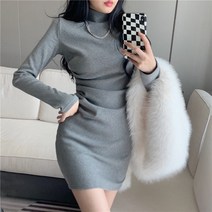 넷투넷코리아 여성 미니 원피스 목폴라 긴팔 슬림핏 무지 데일리룩