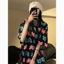 남여 힙합컬러 국화풀프린트 반팔셔츠 커플루즈핏상의 커플룩