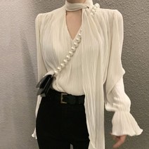 초커 타이 블라우스 쉬폰 주름 블라우스 셔츠 봄 가을