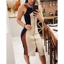 롱원피스 여자 쉬폰 린넨 여름 원피스 우아한 민소매 캐주얼 컬러블록 지퍼 라운드 넥 미디 드레스 여자용 디자인 드레스 2020 패션