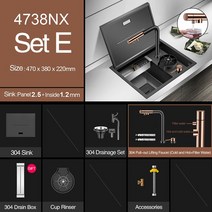 사각싱크볼 고급 스테인레스 주방 씽크대 싱크볼 새로운 나노 미터 숨겨진 바 주방 싱크 SUS 304 스테인레, 05 Set-E