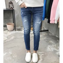 용된다 남자 진청 워싱 디스트로이드 스판 청바지