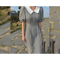 크레빈 체크 배색 카라넥 진주 롱 원피스