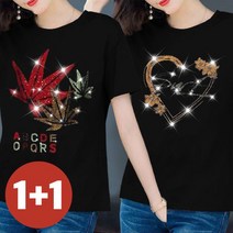 [특가상품] 1+1 티셔츠 반팔 여성 여름 편한 스팽글 면티 영문티 루즈핏 보송 나염티 빅사이즈 4XL 30대 40대 상의 티 오버사이즈 캐주얼 패션 데일리