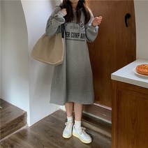 데이홀릭 여성용 가을 겨울 빅사이즈 오버핏 기모 따듯한 후드 긴팔 레터링 롱 빅사이즈 원피스