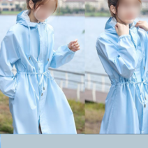 여성 골프 우비 허리쪼임 슬림핏 후드형 레인코트, 워터 블루