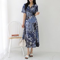 프롬코 자체제작 여성 여름 플라워 반팔 스판 미디 롱 원피스
