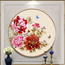 원형 붉은 모란꽃 목단꽃 부귀영화 화려하게 수놓은 아름다운 3D 보석십자수, 50x50cm