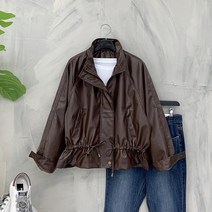 [행복여] 스냅 허리 스트링 루즈핏 레더 집업 자켓