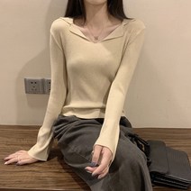 반해써 5color 나팔 소매 오픈 카라 트임 긴팔 니트티셔츠 T_YW1118