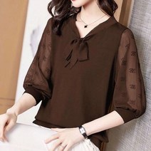 하객룩 블라우스 레이스 업 보우 풀오버 쉬폰 거즈 스플라이스 여성 구멍 뚫린 프린팅 얇은 오피스 레이디 봄 여름 플러스 사이즈