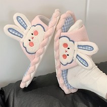 커플 큐티 입체 토끼 귀 보송보송 쿠션슬리퍼/털실내화/방한신발/거실화 체크 격자 층간소음 방지 노슬립 PVC 뽀글이 폭신 겨울, 체크 핑크
