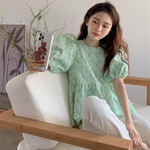 여성 뒤가 예쁜 디자인 퍼프 반팔 짭은 블라우스 셔츠