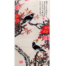 중형 붉은꽃 검정새 두마리 족자 그림 화조도