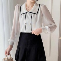 협력브랜드 블랙 라인 배색 비치는 소매 카라 화이트 블라우스