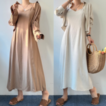 [에이스토리] 베이직 심플모던 린넨 끈나시 롱원피스 린넨셔츠 원피스세트