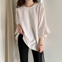 여자 통소매 라운드넥 오버핏 무지 가오리 7부 맨투맨