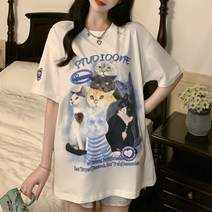 잇츠스타일 여성 라운드넥 고양이 사진 그림 동물 프린트 귀여운 여름 반팔 티셔츠