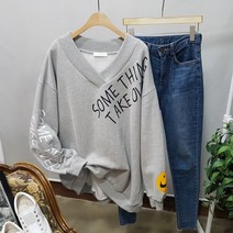 상상그이상 여성용 국내제작 귀여운 스마일 프린팅 브이넥 시보리 레터링 오버핏 기모 맨투맨